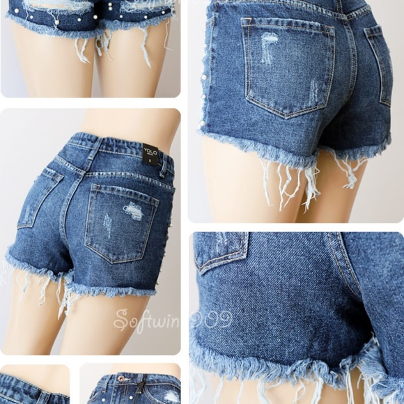 Last☝️Blue Pearl Distressed Fray High Waist Shorts - Picture 6 of 8